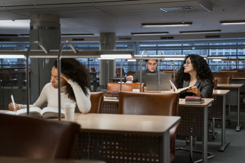 College students studying in a modern library setting, concentrating on books and laptops