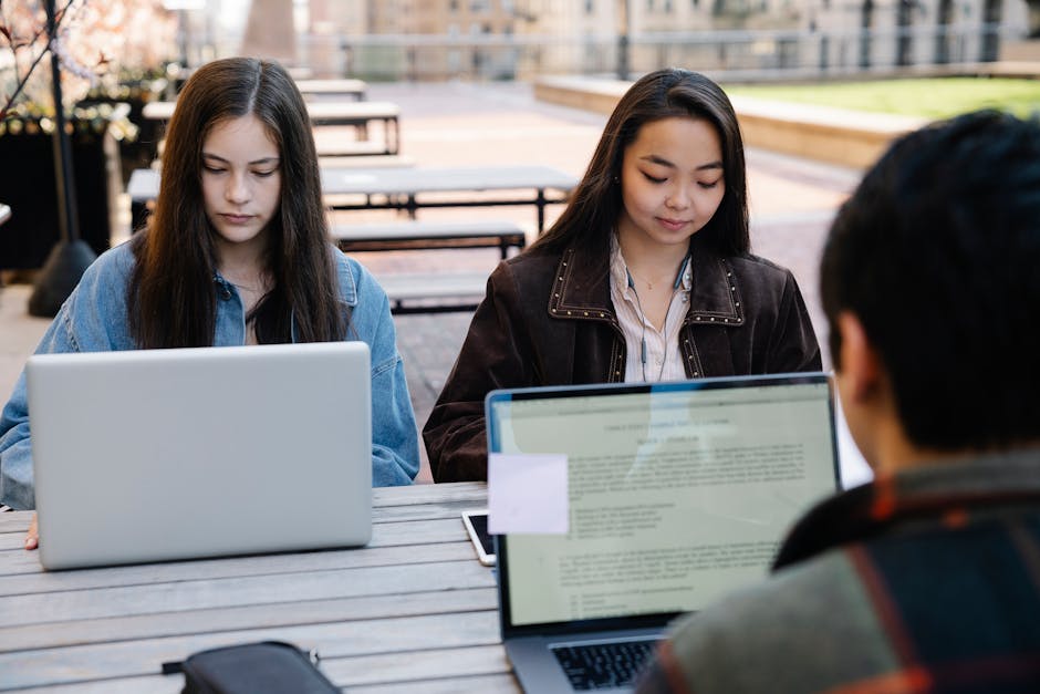 Two students focus on studying with laptops at an outdoor university setting, promoting technology and education