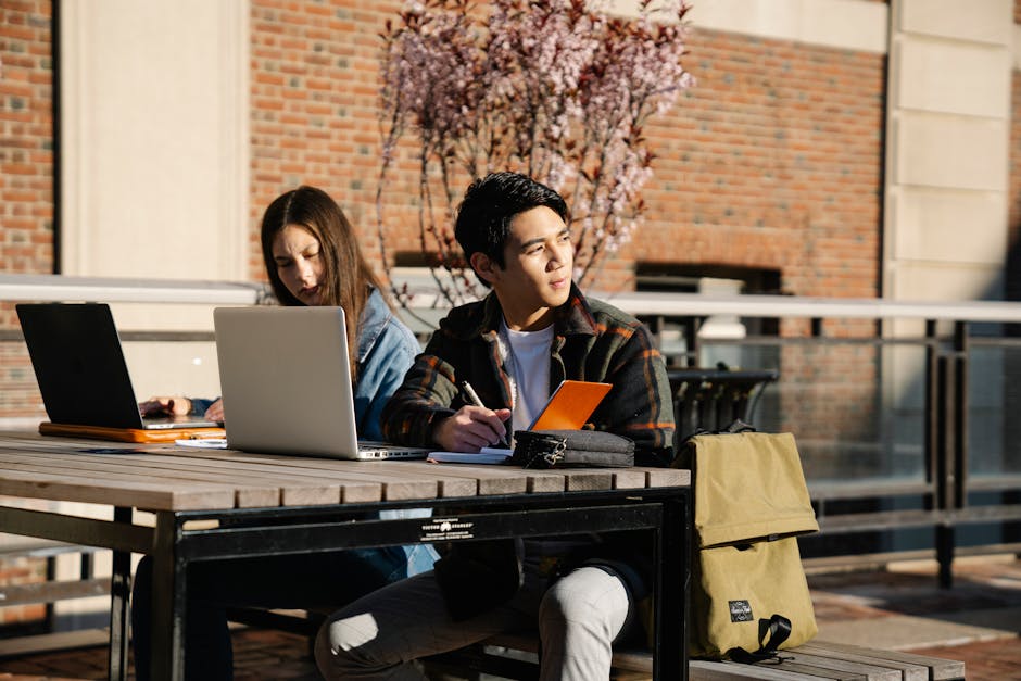 Two students studying outside on a sunny day with laptops and notebooks